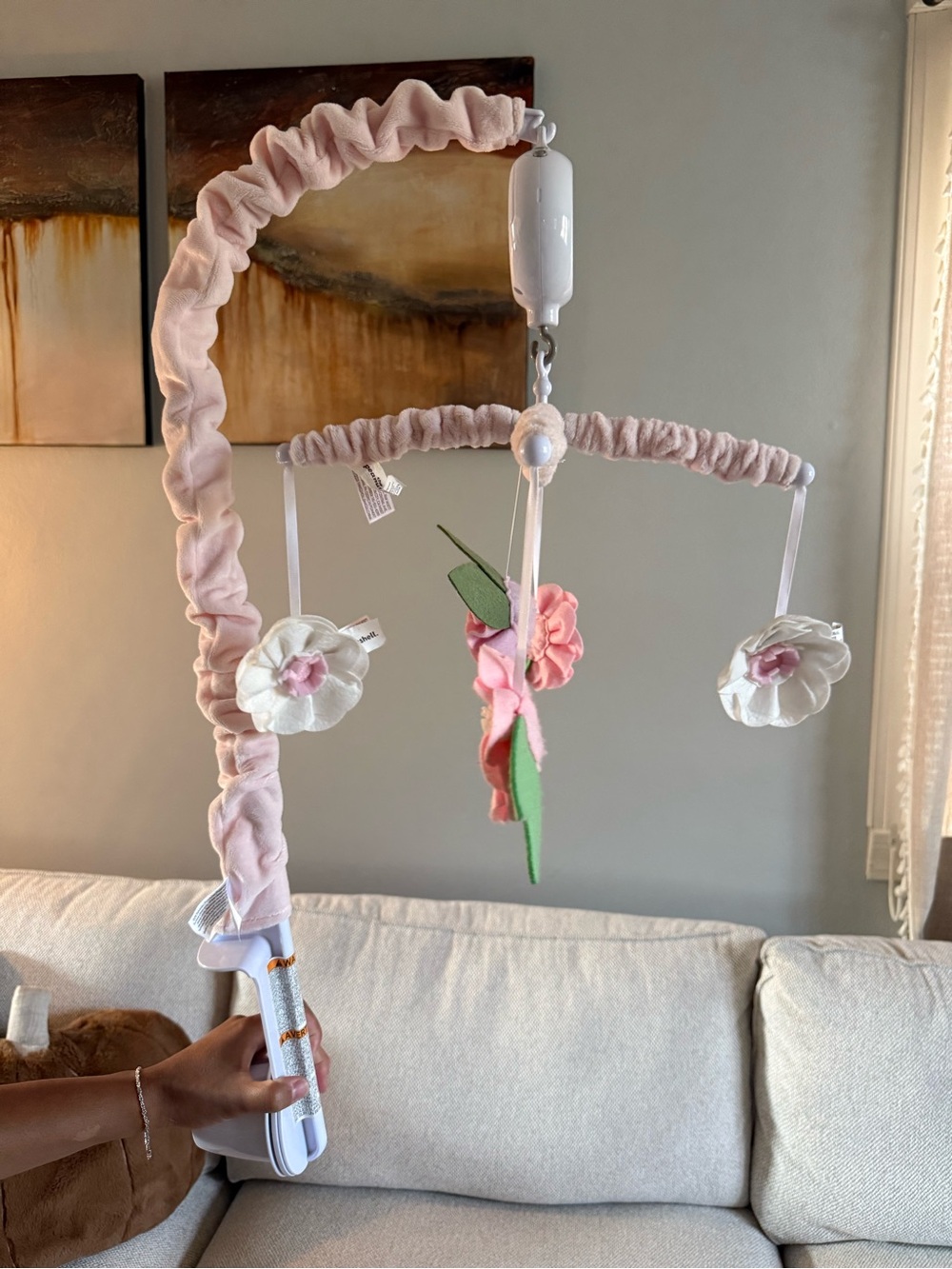 Soft Pink Floral Baby Mobile with Plush Felt Flowers